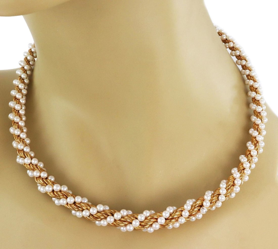 18k Yellow Gold Beaded Rope Necklace with Mikimoto Natural Pearls: 18k Yellow Gold Beaded Rope Necklace with Mikimoto Natural Pearls This Mikimoto necklace features natural pearls strung on an 18k yellow gold rope-style chain. The necklace is signed and hallmarked fo