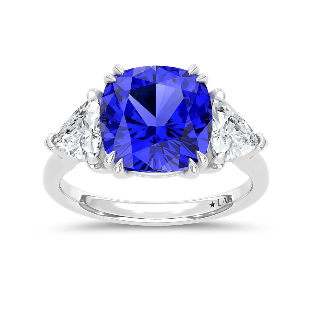 14K White Gold Lab Grown Diamond 7 1/5 Ct.Tw. Cushion Shape Recrystalized Blue Sapphire Engagement: 14K White Gold Lab Grown Diamond 7 1/5 Ct.Tw. Cushion Shape Recrystalized Blue Sapphire Engagement Ring (Center 5 3/4 ct) Make a statement of elegance with this 14K white gold engagement ring, featuri