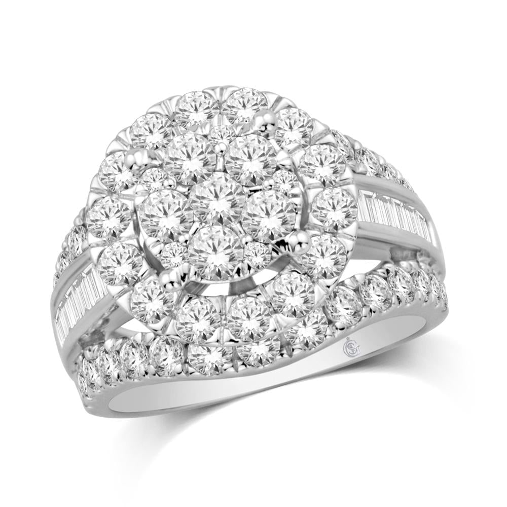 10K White Gold 1 Ct.Tw. Diamond Engagement Ring: 10K White Gold 1 Ct.Tw. Diamond Engagement Ring This eye-catching engagement ring is available in 10K White Gold. There are 72 round / tapper diamonds with a total carat weight of 1 Ct.Tw. set in a ch