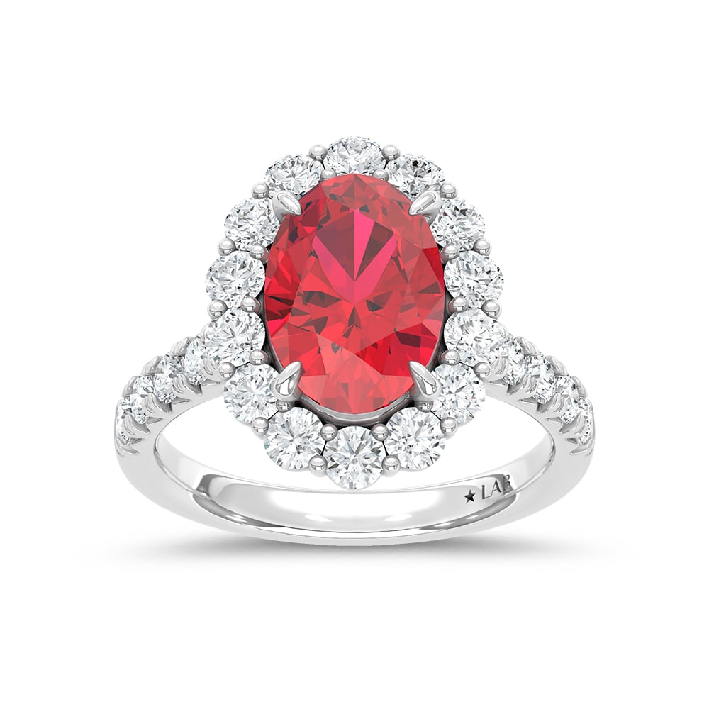 14K White Gold Lab Grown Diamond 6 1/2 Ct.Tw. Oval Shape Recrystalized Ruby Engagement Ring (Center: 14K White Gold Lab Grown Diamond 6 1/2 Ct.Tw. Oval Shape Recrystalized Ruby Engagement Ring (Center 5 ct) 14k White Gold Stone Color: D-f Stone Clarity: Vs Each ring is presented in standard size 6.5.