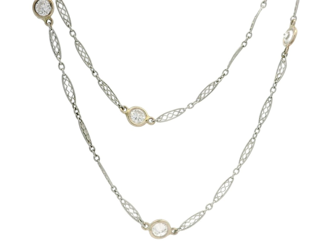 Antique Filigree By The Yard 1.80ctw Diamond Necklace 30" Platinum Gold: Antique Filigree By The Yard 1.80ctw Diamond Necklace 30" Platinum Gold This exquisite antique necklace features a stunning design with a total of 1.80 carats of natural, genuine diamonds, all cut in