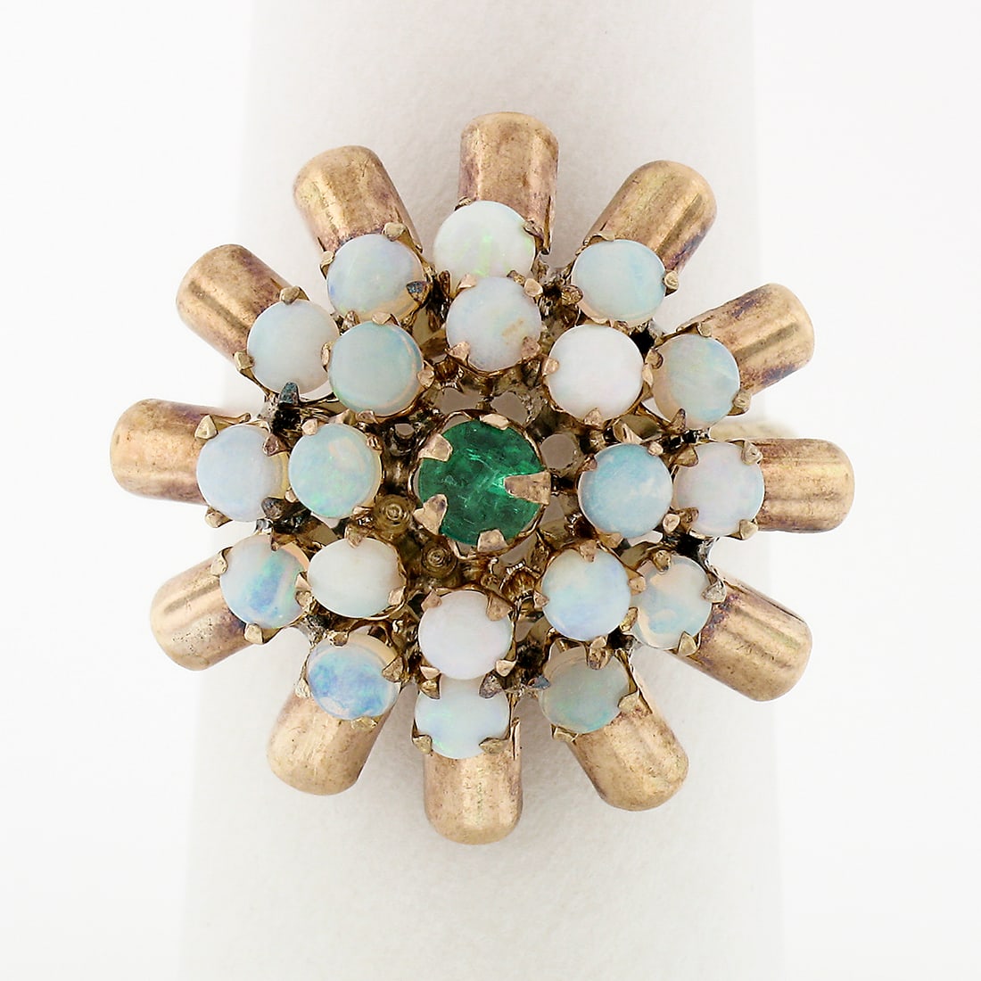 Antique 14k Rosy Yellow Gold Emerald Opal Cluster Ring 0.20ct: Antique 14k Rosy Yellow Gold Emerald Opal Cluster Ring 0.20ct This stunning antique ring showcases an exquisite design crafted in solid 14k rosy yellow gold from the Victorian era. The centerpiece fea