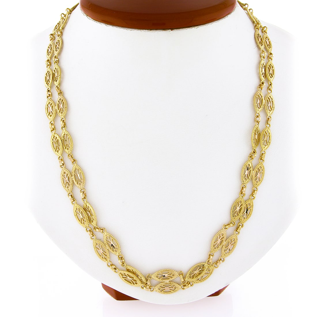Estate 21K Yellow Gold Filigree Dual Navette Marquise Link Necklace 29": Estate 21K Yellow Gold Filigree Dual Navette Marquise Link Necklace 29" Discover elegance with this stunning Estate 21K Yellow Gold Dual Fancy Navette Marquise Filigree Link Chain Necklace. Crafted fr
