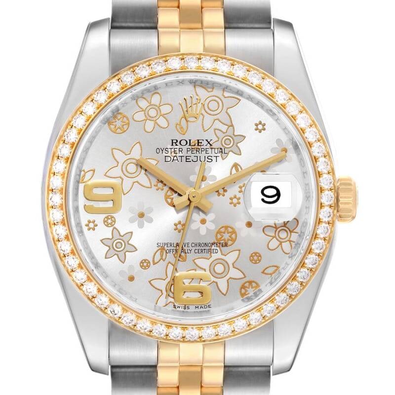 Rolex Datejust 116243 Men's Jubilee Bracelet Floral Dial Diamond Bezel Watch: Rolex Datejust 116243 Men's Jubilee Bracelet Floral Dial Diamond Bezel Watch This Rolex Datejust features a distinctive floral dial paired with a factory diamond bezel and is complemented by a Jubilee