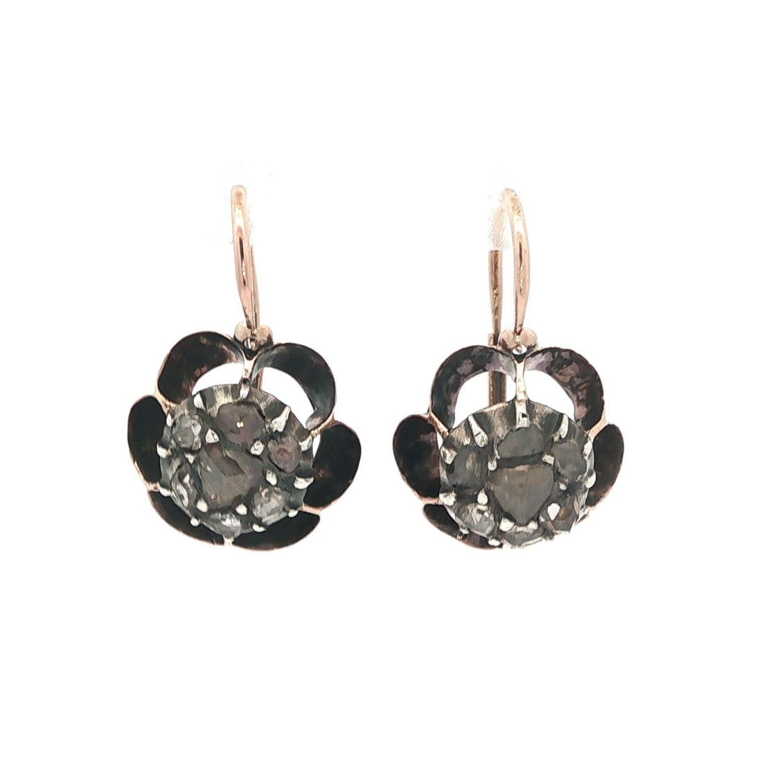 Antique Gold and Silver Rose Cut Diamond Drop Earrings: Antique Gold and Silver Rose Cut Diamond Drop Earrings Discover the elegance of these Antique Solid Gold Silver Top Rose Diamond Front Hook Sleeper Buttercup Earrings. Crafted from solid 16-18k rosy y