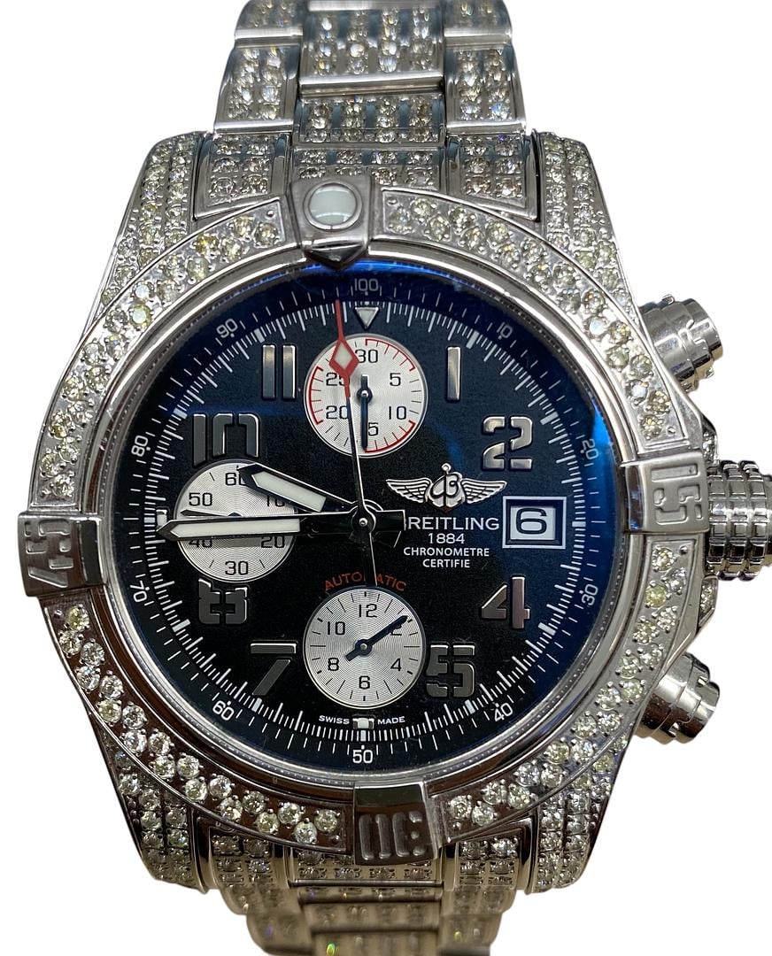 Breitling Avenger II A13381 Black Dial Diamond Bezel and Bracelet Watch: Breitling Avenger II A13381 Black Dial Diamond Bezel and Bracelet Watch This Breitling Avenger II features a striking black dial complemented by a diamond-set bezel and bracelet. Designed for men, thi