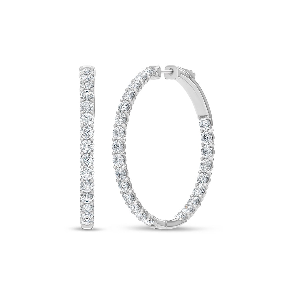 14K White Gold Lab Grown Round Diamond 5 Ct.Tw. In and Out Hoop Earrings: 14K White Gold Lab Grown Round Diamond 5 Ct.Tw. In and Out Hoop Earrings Statement 14K white gold hoops featuring 5 Ct.Tw. lab-grown round diamonds, in and out style. 14k White Gold Stone Color: D-f S