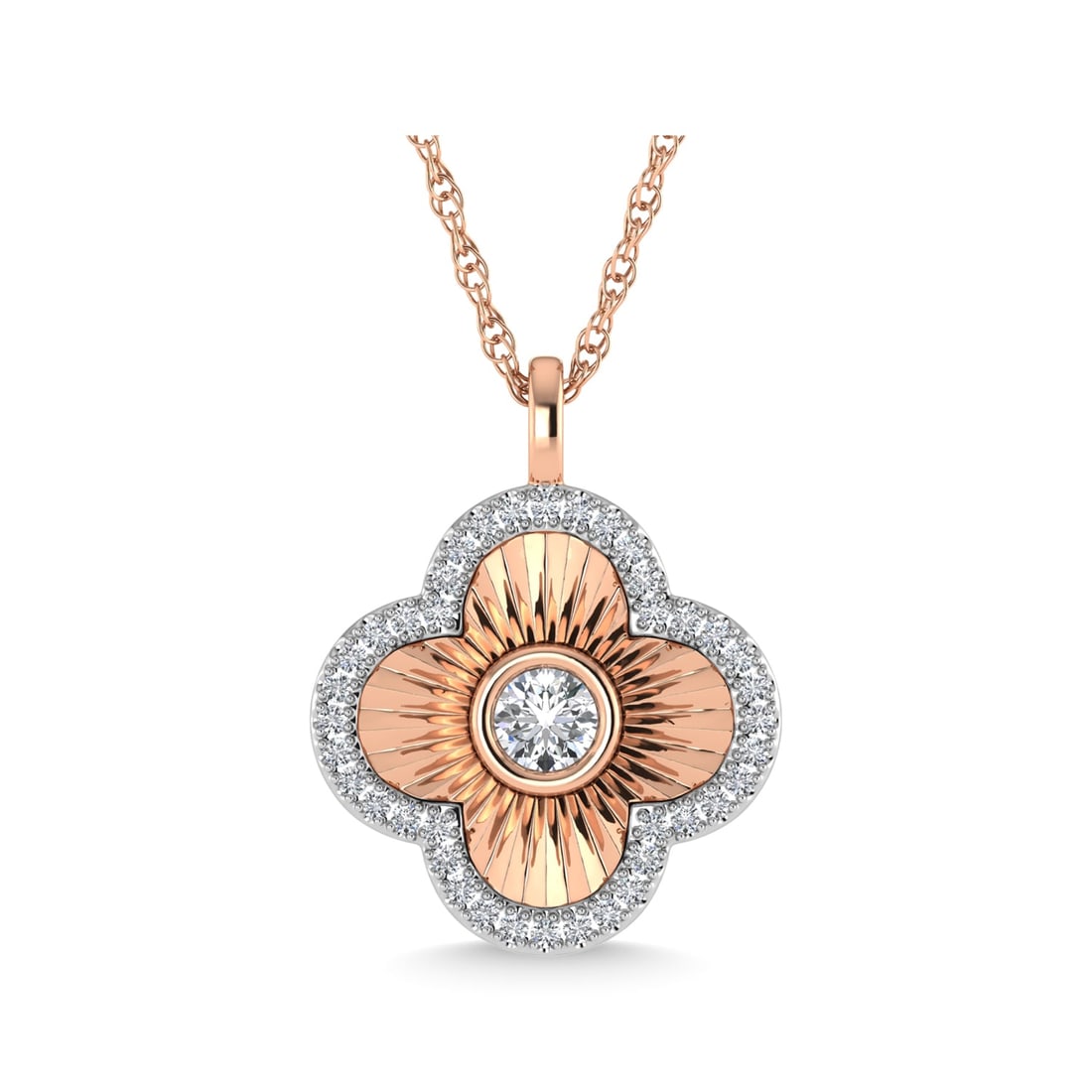 14K Rose Gold Diamond 3/8 Ct.Tw Clover Pendant: 14K Rose Gold Diamond 3/8 Ct.Tw Clover Pendant This four leaf clover pendant has a textured finish and is crafted with 14k rose gold. There are a total of 41 round cut diamonds, 3/8 ct tw. The chain i