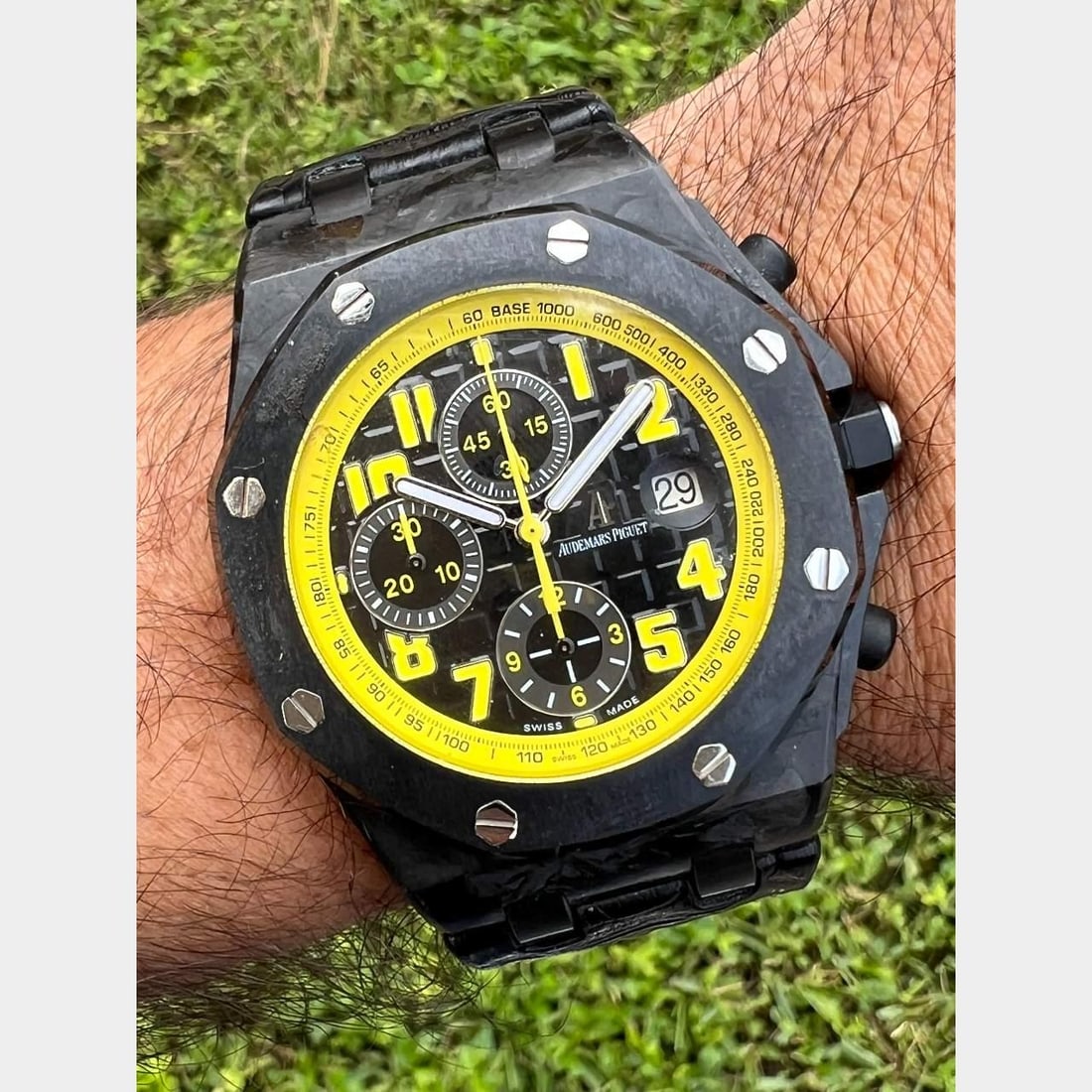 Audemars Piguet Royal Oak Offshore Bumblebee Forged Carbon 42mm Watch: Audemars Piguet Royal Oak Offshore Bumblebee Forged Carbon 42mm Watch This Audemars Piguet Forged Carbon Royal Oak Offshore "Bumblebee" features a striking 42mm forged carbon case complemented by a ce