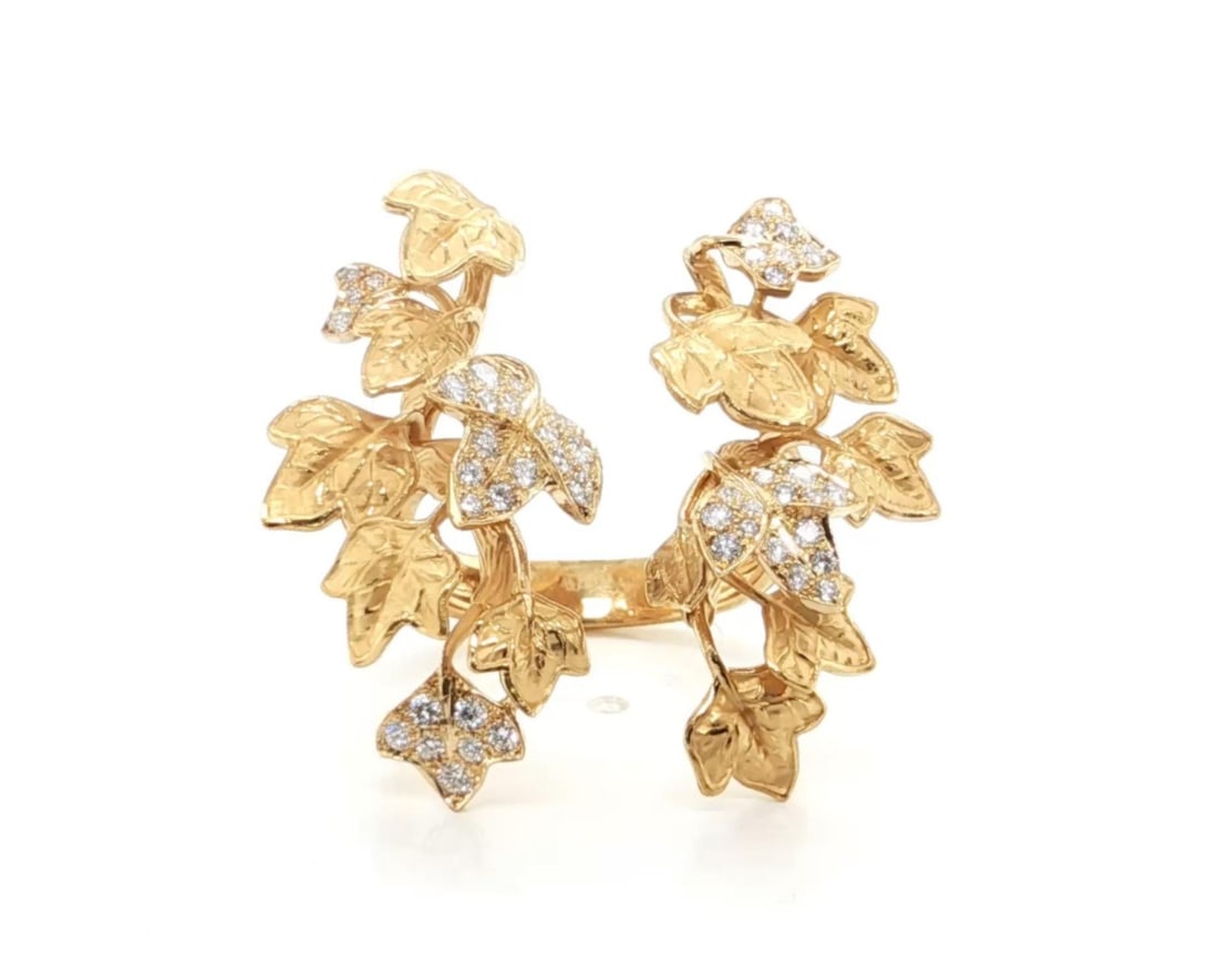 Verona Leaf Cluster Cuff Ring in 18k Yellow Gold with Diamonds Size 6.5: Verona Leaf Cluster Cuff Ring in 18k Yellow Gold with Diamonds Size 6.5 This Magerit Verona Leaf Cluster Cuff Ring is crafted from solid 18k yellow gold and features a unique open cuff design with tex