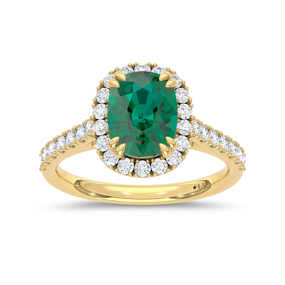 14K Yellow Gold Lab Grown Diamond 2 5/8 Ct.Tw. Cushion Shape Recrystalized Emerald Engagement Ring: 14K Yellow Gold Lab Grown Diamond 2 5/8 Ct.Tw. Cushion Shape Recrystalized Emerald Engagement Ring (Center 2 ct) Celebrate understated elegance with this 14K yellow gold engagement ring. Its centerpie
