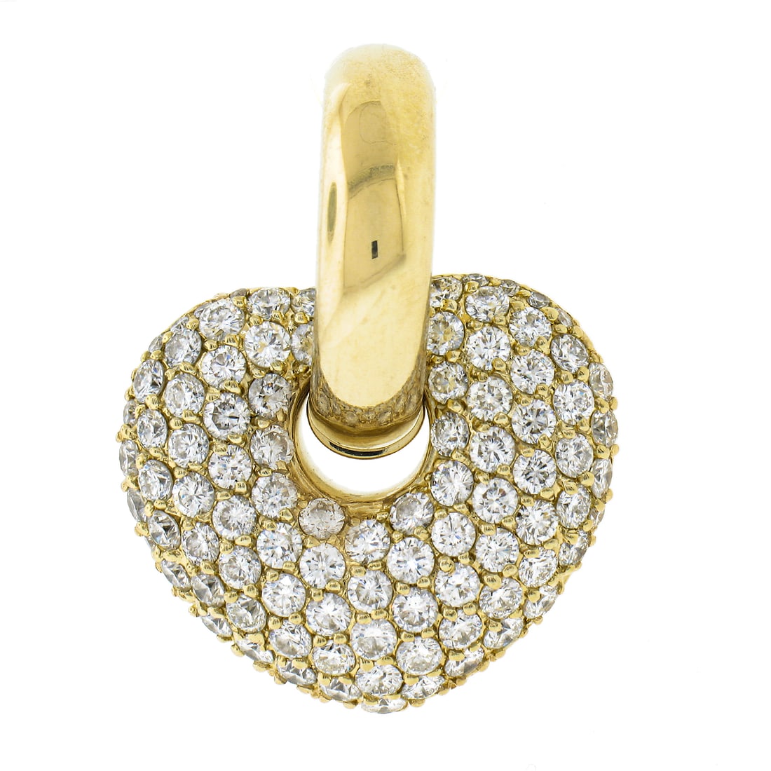 18K Yellow Gold 5ctw Pave Diamond Heart Charm Pendant: 18K Yellow Gold 5ctw Pave Diamond Heart Charm Pendant Elevate your jewelry collection with this exquisite 18K Yellow Gold Puffed Heart Charm Pendant, adorned with a stunning array of natural diamonds.