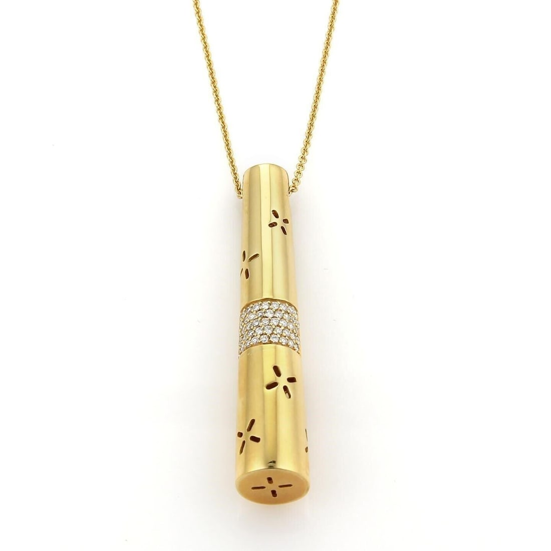 18k Yellow Gold Pendant Necklace With Diamonds by Koesia: 18k Yellow Gold Pendant Necklace With Diamonds by Koesia This Koesia Diamonds pendant necklace is crafted from 18k yellow gold and features a long, fancy pendant design. The necklace is signed by Koes