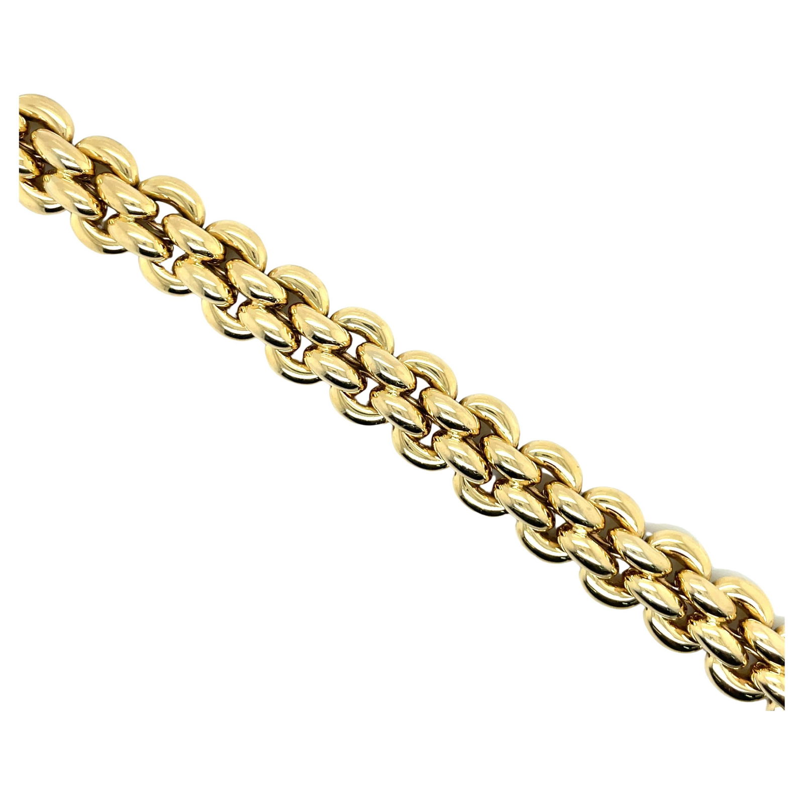 18K Yellow Gold Four Row Link Bracelet Made in Italy NANIS 42.2g: 18K Yellow Gold Four Row Link Bracelet Made in Italy NANIS 42.2g This exquisite 18 Karat Yellow Gold four row link bracelet showcases a contemporary design, meticulously crafted in Italy. Weighing 42.