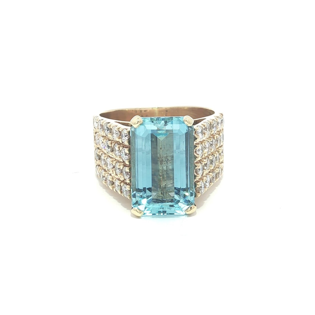 Wide 14k Yellow Gold Aquamarine and Diamond Cocktail Ring GIA Certified: Wide 14k Yellow Gold Aquamarine and Diamond Cocktail Ring GIA Certified This substantial cocktail ring features a natural elongated octagonal step-cut aquamarine weighing approximately 5.4ct, set in 1