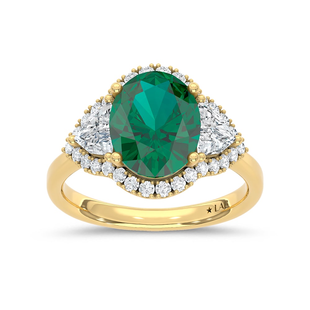 14K Yellow Gold Lab Grown Diamond 3 3/4 Ct.Tw. Cushion Shape Recrystalized Emerald Engagement Ring: 14K Yellow Gold Lab Grown Diamond 3 3/4 Ct.Tw. Cushion Shape Recrystalized Emerald Engagement Ring (Center 2 3/4 ct) Celebrate refined elegance with this 14K yellow gold engagement ring, featuring a l
