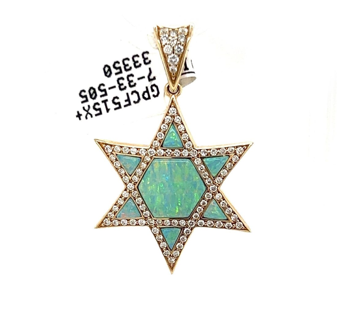 Star of David Charm Pendant with Fire Opal and Diamonds in 14k Yellow Gold: Star of David Charm Pendant with Fire Opal and Diamonds in 14k Yellow Gold This Kabana charm pendant features a striking Star of David design crafted in 14k yellow gold. It showcases a vibrant fire op