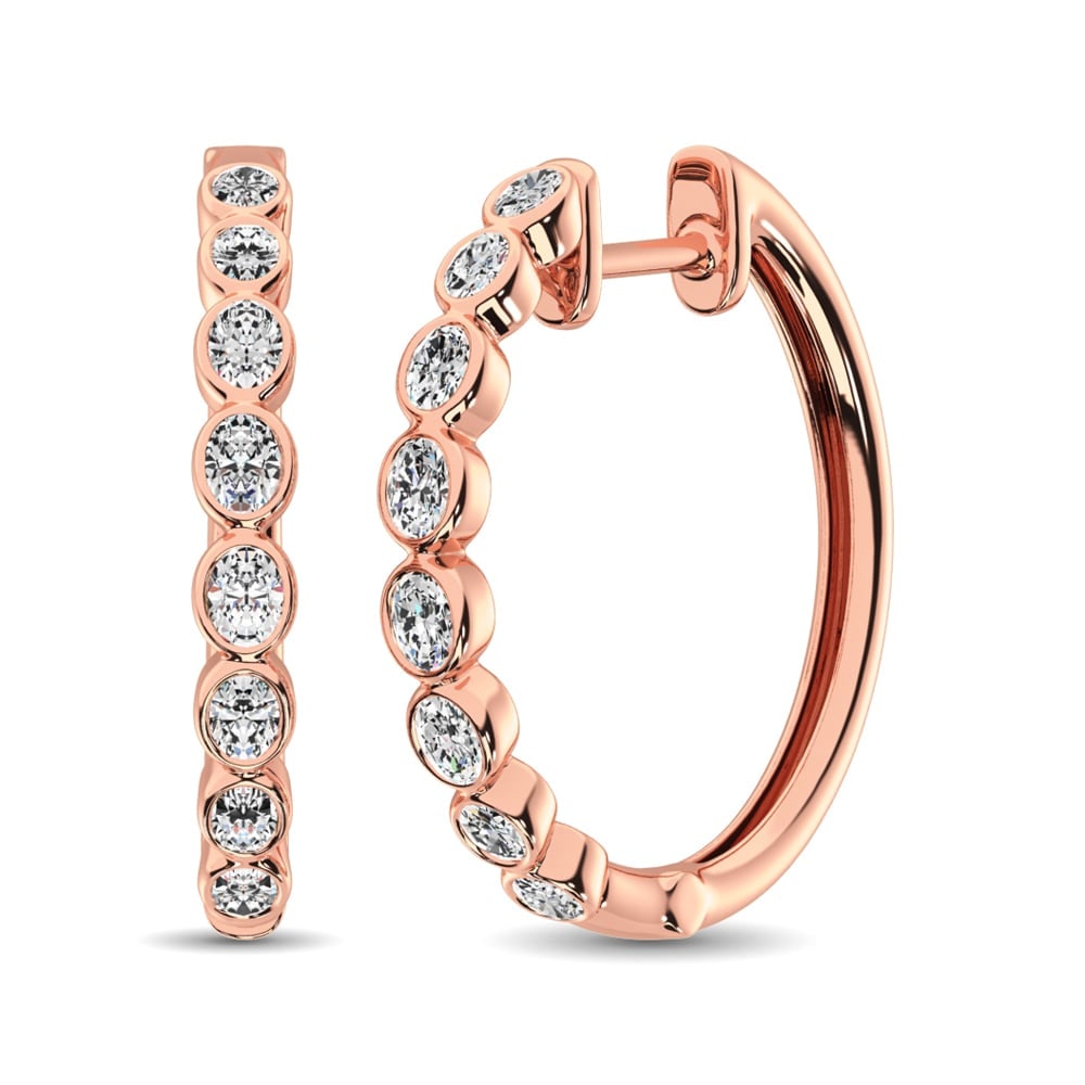14K Rose Gold 1/3 Ct.Tw. Diamond Hoop Earrings: 14K Rose Gold 1/3 Ct.Tw. Diamond Hoop Earrings These beautiful earrings are available in 14K Rose Gold. There are 16 round diamonds with a total carat weight of 1/3 Ct.Tw. set in a Bezel setting. 14k
