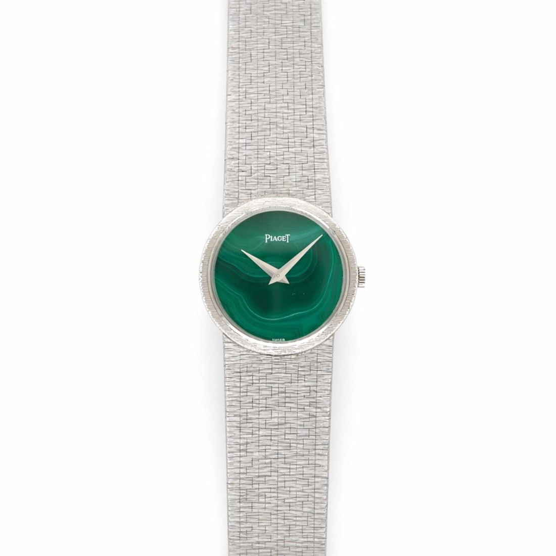 Piaget Manual White Gold Watch with Malachite Dial 1970s 24mm Case: Piaget Manual White Gold Watch with Malachite Dial 1970s 24mm Case This 1970s Piaget watch features an 18K white gold case and is set with an original malachite dial. It has a manual-winding movement
