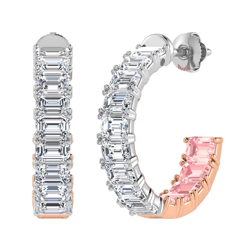 14K Two Tone Lab Grown 5 5/8 Ct.Tw. Outside White and Inside Pink Emerald Hoop Earrings: 14K Two Tone Lab Grown 5 5/8 Ct.Tw. Outside White and Inside Pink Emerald Hoop Earrings A refined two-tone creation, these hoops feature 5 5/8 Ct.Tw. of emerald-cut lab grown diamonds with white brill