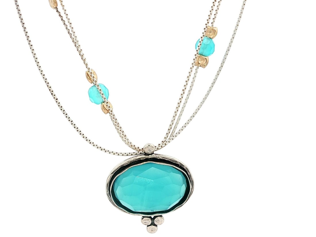 Sterling Silver Multichain Ocean Blue Quartz Pendant Necklace: Sterling Silver Multichain Ocean Blue Quartz Pendant Necklace This exquisite pendant necklace features a stunning multichain design crafted from sterling silver. The centerpiece is a natural ocean blu
