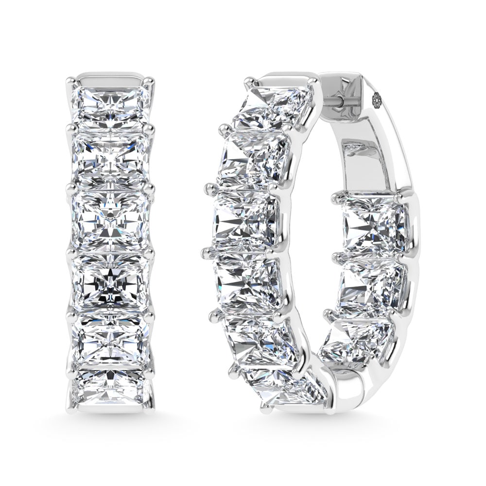 14K White Gold 9 Ct.Tw. Lab Grown Diamond In and Out Vertical Radiant Shape Hoop Earring: 14K White Gold 9 Ct.Tw. Lab Grown Diamond In and Out Vertical Radiant Shape Hoop Earring Statement 14K white gold hoops with 9 Ct.Tw. lab-grown diamonds in vertical radiant shape. 14k White Gold Stone