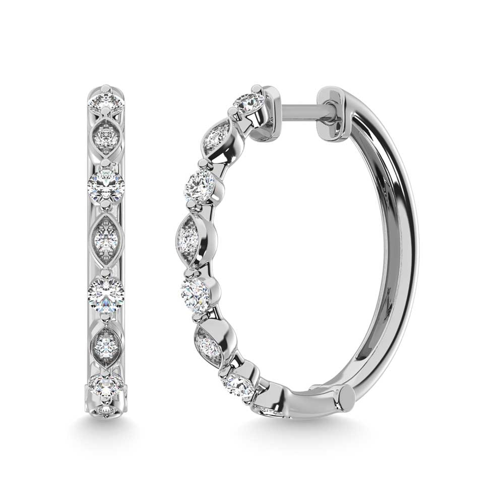 14K White Gold Diamond 3/8 Ct.Tw. Hoop Earrings: 14K White Gold Diamond 3/8 Ct.Tw. Hoop Earrings 14k White Gold Stone Color: G-h Stone Clarity: I1 The Diamond Depot Guarantee: All items in this auction are guaranteed to be 100% authentic. At Your Se