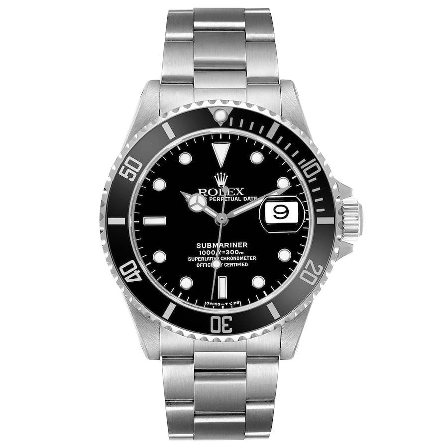 Submariner Date Ref 16610 Black Dial Oyster Bracelet Watch: Submariner Date Ref 16610 Black Dial Oyster Bracelet Watch This is a Rolex Submariner Date watch featuring a black dial and an aluminum bezel, presented on an Oyster bracelet. The reference number is