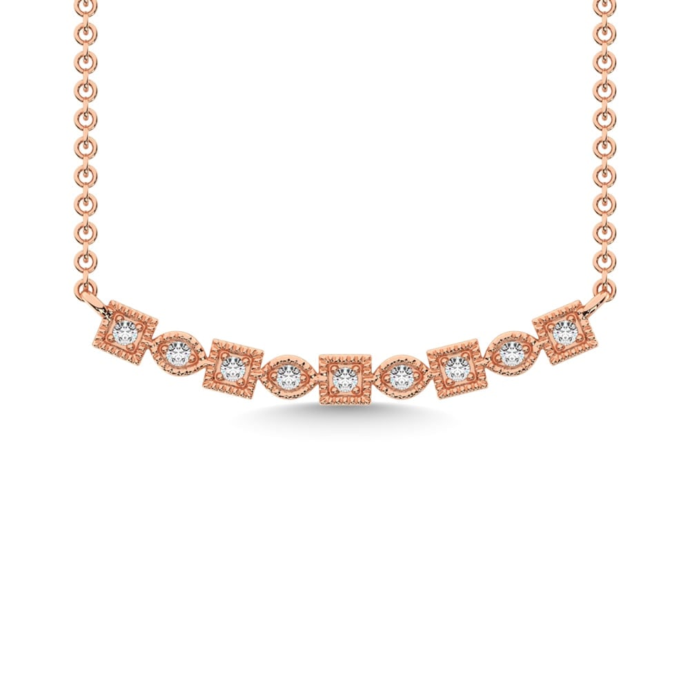 14K Rose Gold 1/6 Ct.Tw. Diamond Stackable Necklace: 14K Rose Gold 1/6 Ct.Tw. Diamond Stackable Necklace This Glamorous Necklace Is Available In 14K Rose Gold. There Are 9 Round Diamonds With A Total Carat Weight Of 1/6 Ct.Tw. Set In A Prong Setting. 14