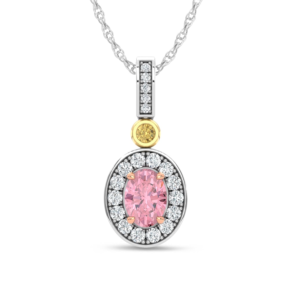 14K Two Tone Lab Grown Diamond 1 1/6 Ct.Tw. Pink Oval Fashion Pendant: 14K Two Tone Lab Grown Diamond 1 1/6 Ct.Tw. Pink Oval Fashion Pendant Refined and radiant, this pendant showcases 1 1/6 Ct. Tw. lab-grown diamonds with a luminous pink oval centerpiece, set in sophist