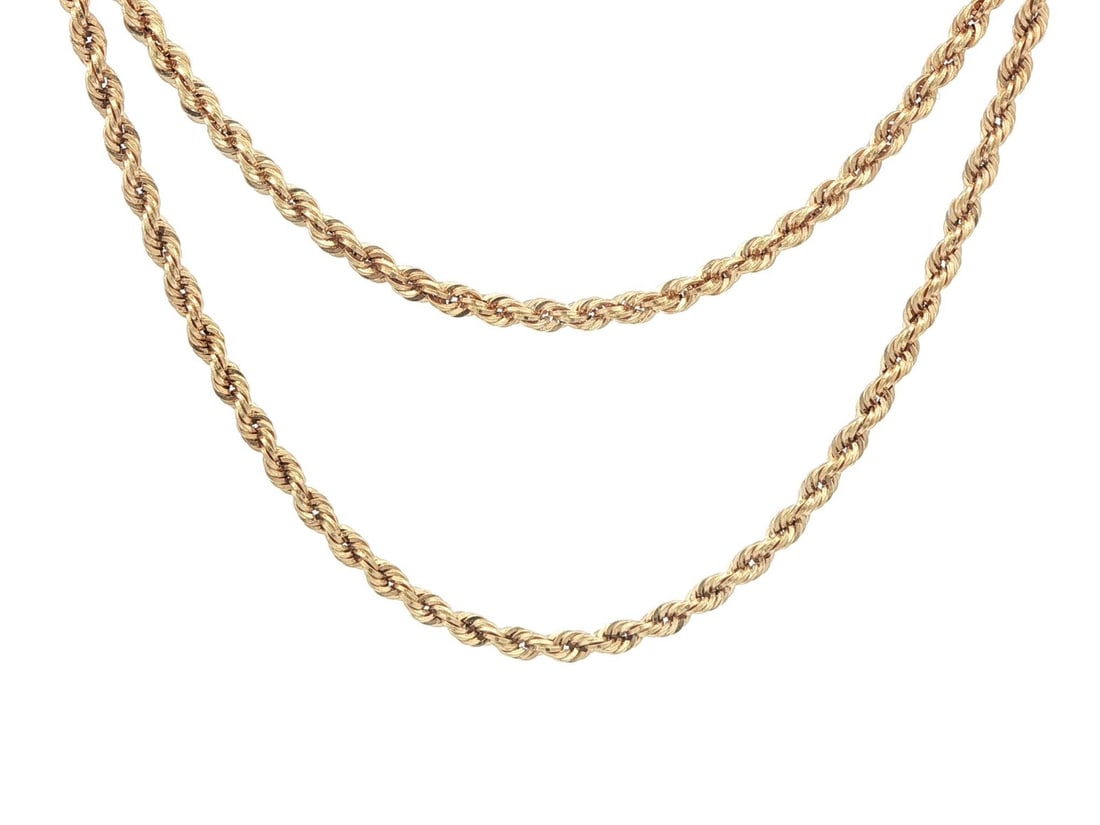 16 Inch 18k Yellow Gold Rope Chain Necklace with Lobster Clasp: 16 Inch 18k Yellow Gold Rope Chain Necklace with Lobster Clasp This 16-inch rope chain necklace is crafted from solid 18k yellow gold and features a lobster claw clasp for secure fastening. The chain
