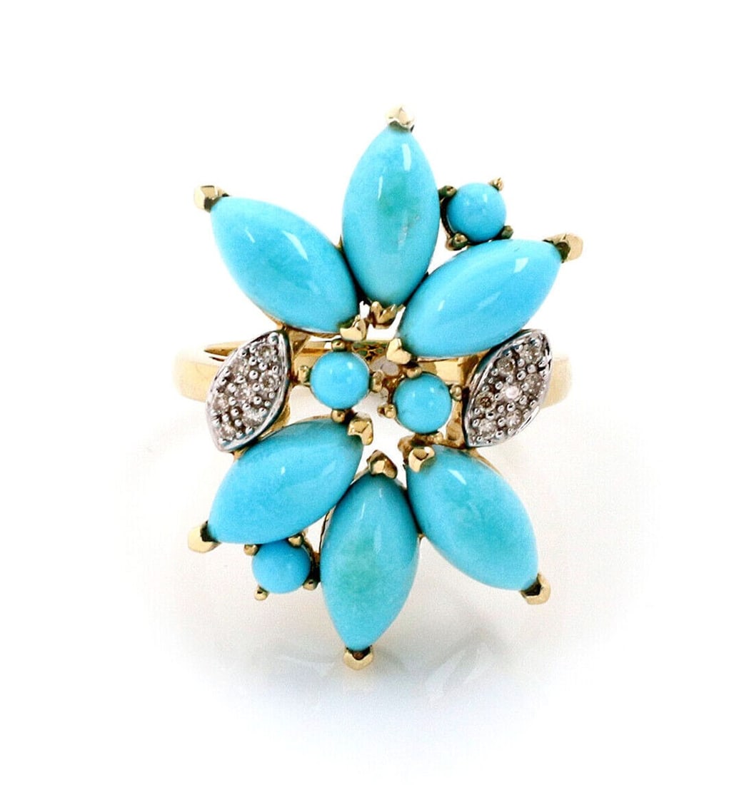 14k Two Tone Gold Ring with Turquoise Diamond Floral Design Size 8: 14k Two Tone Gold Ring with Turquoise Diamond Floral Design Size 8 This ring features a vibrant turquoise gemstone accented by a 6-point diamond, set in a floral design crafted from 14k two tone gold.