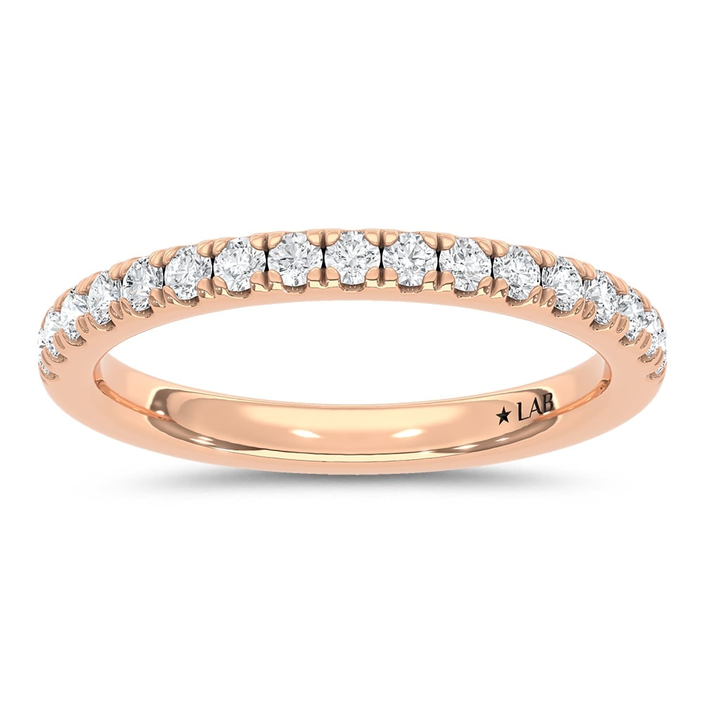 14K Rose Gold Lab Grown Diamond 3/8 Ct.Tw. Wedding Band: 14K Rose Gold Lab Grown Diamond 3/8 Ct.Tw. Wedding Band This 14K Rose Gold Anniversary Band, adorned with 3/8 Ct.Tw. of Lab Grown Diamonds, is a symbol of refined sophistication. The classic Rose gold