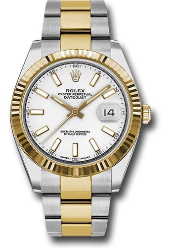 Datejust 41 Reference 126333 Men's Watch with White Index Dial and Oyster Bracelet: Datejust 41 Reference 126333 Men's Watch with White Index Dial and Oyster Bracelet This Rolex Datejust 41 features a white index dial and a fluted bezel, paired with an Oyster bracelet. The watch is d