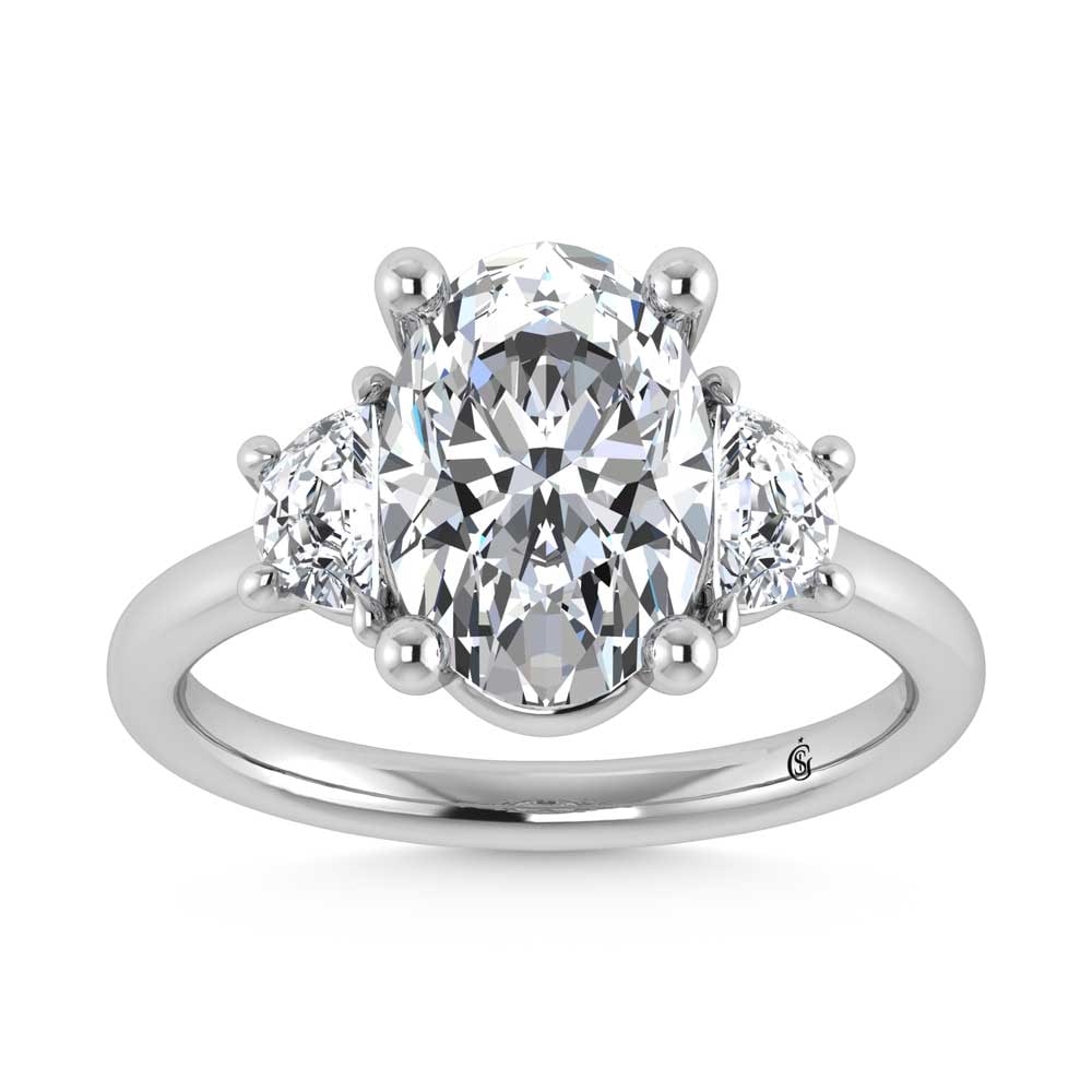 14K White Gold Lab Grown Diamond 3 3/8 Ct.Tw. Oval Shape Three Stone Engagement Ring: 14K White Gold Lab Grown Diamond 3 3/8 Ct.Tw. Oval Shape Three Stone Engagement Ring This stunning three-stone ring features a sparkling 3 CT Oval Center diamond with two shimmering side diamonds, sym