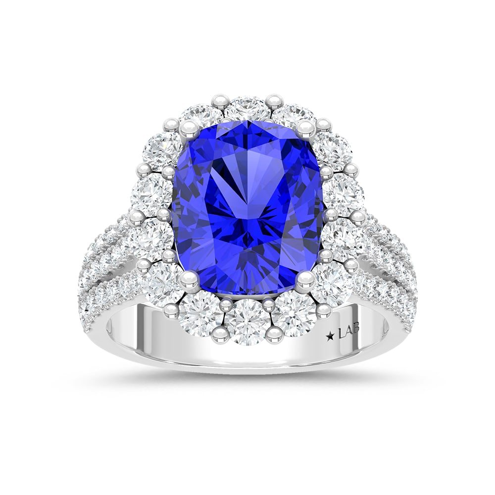 14K White Gold Lab Grown Diamond 7 Ct.Tw. Cushion Shape Recrystalized Blue Sapphire Engagement Ring: 14K White Gold Lab Grown Diamond 7 Ct.Tw. Cushion Shape Recrystalized Blue Sapphire Engagement Ring (Center 5 1/2 ct) Make a statement of elegance with this 14K white gold engagement ring. Its centerp
