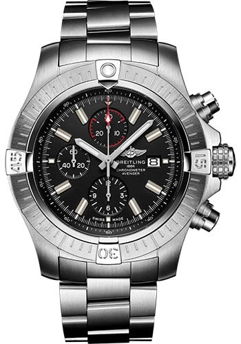 Breitling Super Avenger Chronograph Black Dial Bracelet Watch Ref A13375101B1A1 2023: Breitling Super Avenger Chronograph Black Dial Bracelet Watch Ref A13375101B1A1 2023 This Breitling Super Avenger Chronograph features a black dial and a rotating bezel, complemented by a matching bra
