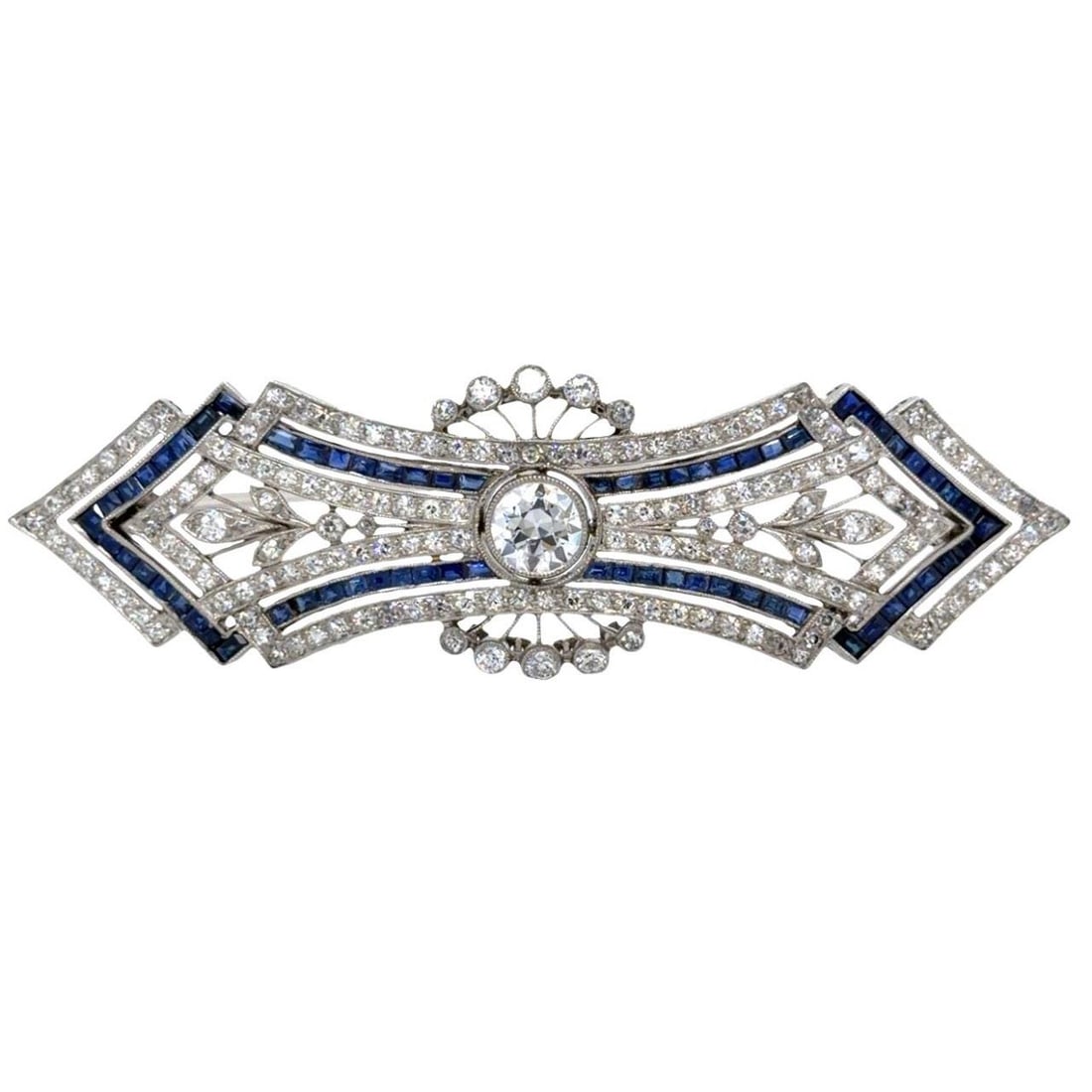Platinum Art Deco Brooch with Diamonds and Sapphires 2.75 Inch: Platinum Art Deco Brooch with Diamonds and Sapphires 2.75 Inch This Art Deco brooch is crafted from platinum and features a central European-cut diamond of approximately 1.20 carats with D-F color and