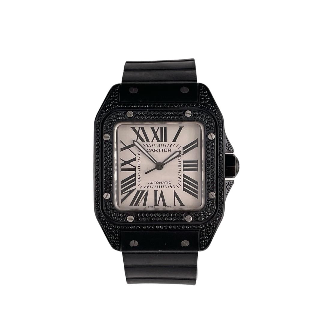 Santos Reference 2656 White Roman Dial Diamond Bezel on Rubber Strap: Santos Reference 2656 White Roman Dial Diamond Bezel on Rubber Strap This Cartier Santos features a white Roman numeral dial, a diamond bezel, and a durable rubber bracelet. It is designed for men and