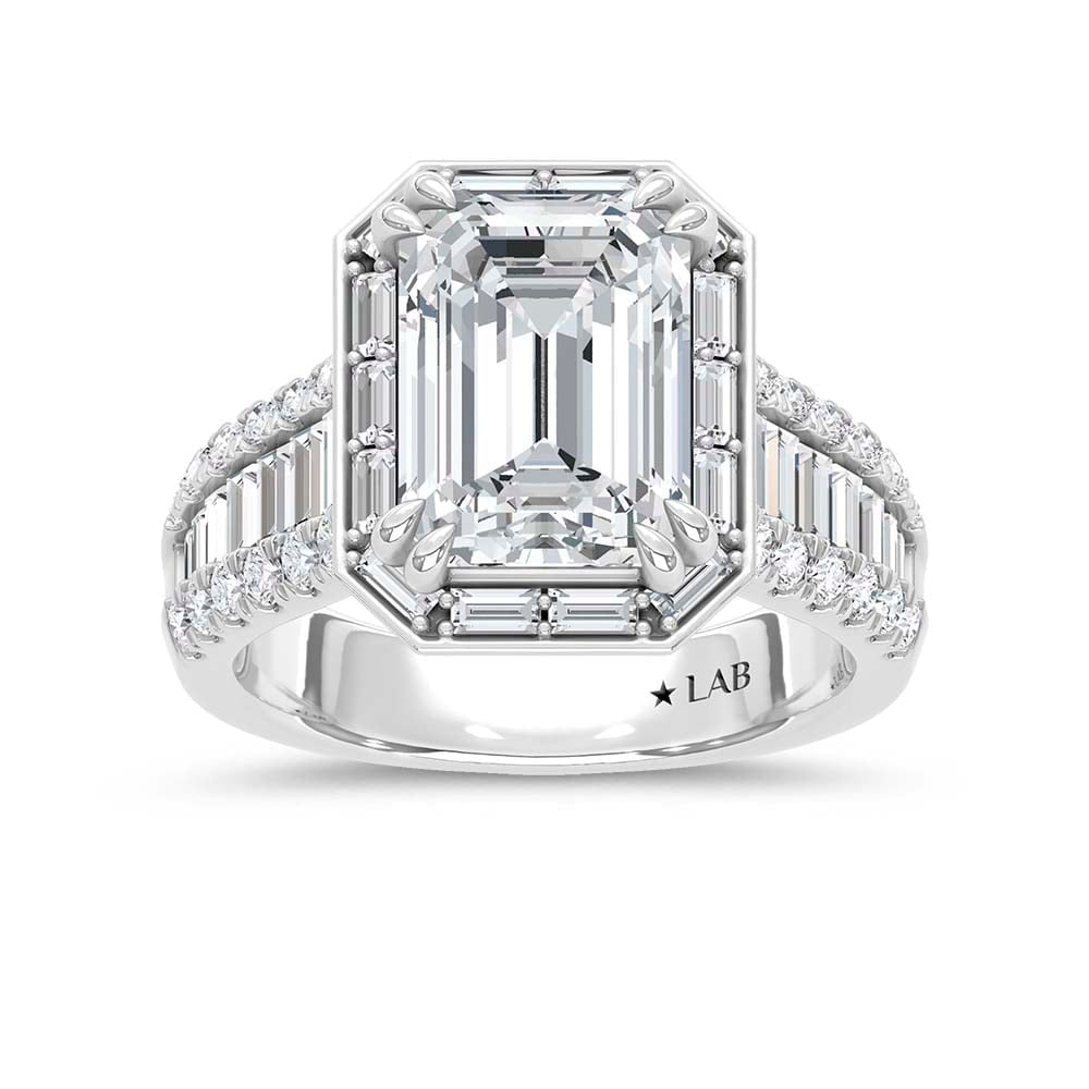 14K White Gold Lab Grown Diamond 6 1/4 Ct.Tw. Emerald Shape Engagement Ring (IGI Certified Center: 14K White Gold Lab Grown Diamond 6 1/4 Ct.Tw. Emerald Shape Engagement Ring (IGI Certified Center 5ct Emerald) Make a bold statement with this luxurious 14K white gold engagement ring, featuring a bre