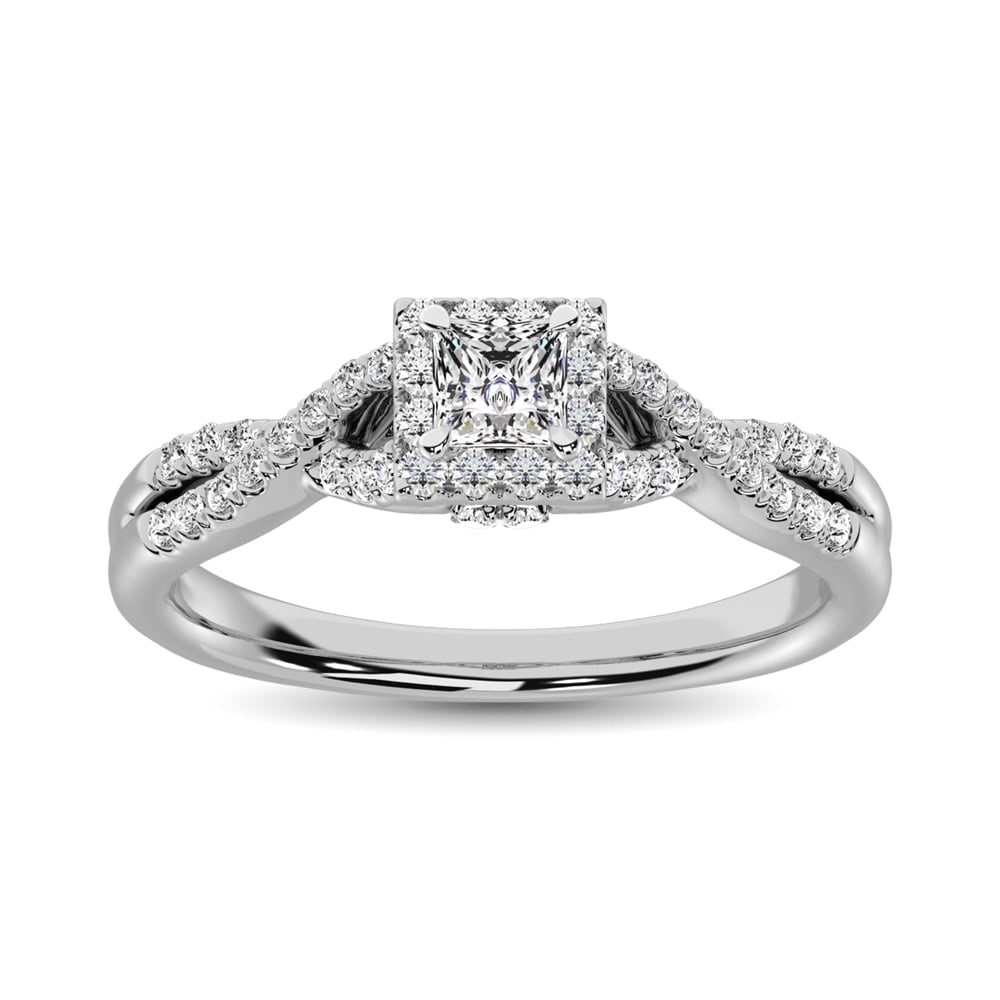 14K White Gold 1/2 Ct.Tw. Diamond Halo Engagement Ring: 14K White Gold 1/2 Ct.Tw. Diamond Halo Engagement Ring This beautiful Halo Engagement Ring is available in 14K White Gold. There are 53 round diamonds with a total carat weight of 1/2 Ct.Tw. set in a