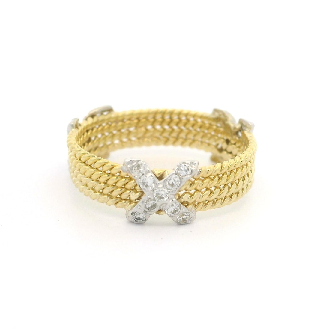 14k 18k Two Tone Gold Diamond Eternity Band Ring: 14k 18k Two Tone Gold Diamond Eternity Band Ring This exquisite 18k Two Tone Gold Diamond "X" Eternity Ring features a unique three-row twisted wire design, showcasing a total of 27 round brilliant cu