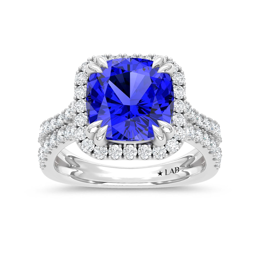 14K White Gold Lab Grown Diamond 6 5/8 Ct.Tw. Cushion Shape Recrystalized Blue Sapphire Engagement: 14K White Gold Lab Grown Diamond 6 5/8 Ct.Tw. Cushion Shape Recrystalized Blue Sapphire Engagement Ring (Center 5 3/4 ct) Make a statement of timeless elegance with this 14K white gold engagement ring