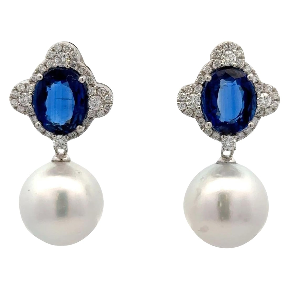 Harbor Diamonds Kyanite Diamond South Sea Pearl Earrings 18K White Gold: Harbor Diamonds Kyanite Diamond South Sea Pearl Earrings 18K White Gold Elevate your elegance with these stunning drop earrings, crafted from luxurious 18 karat white gold. Featuring two exquisite ova