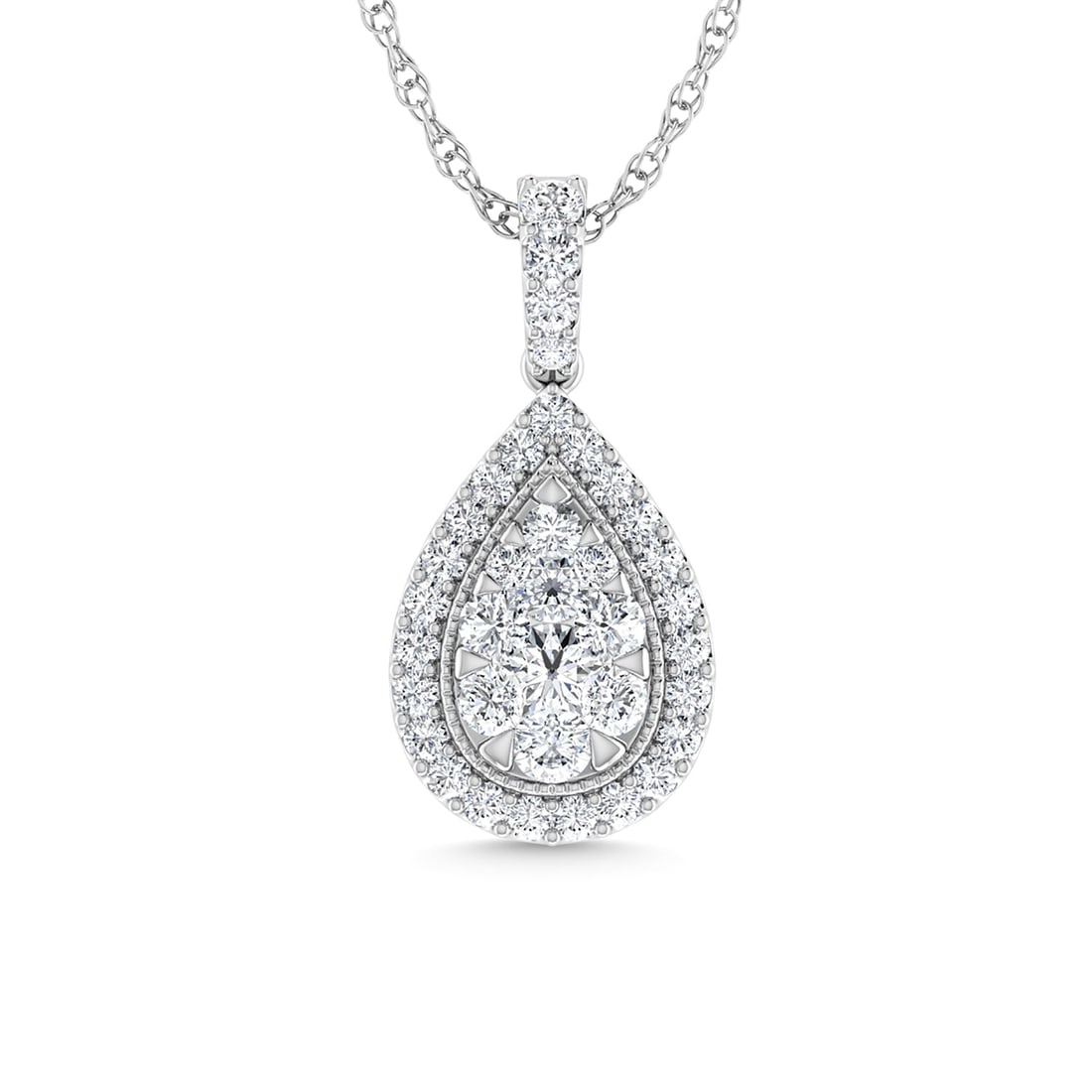 Diamond 1 Ct.Tw. Fashion Pendant in 14K White Gold: Diamond 1 Ct.Tw. Fashion Pendant in 14K White Gold 14k White Gold Stone Color: G-h Stone Clarity: Si2 Unless otherwise specified, pendants that include a chain are paired with our standard 18-inch len