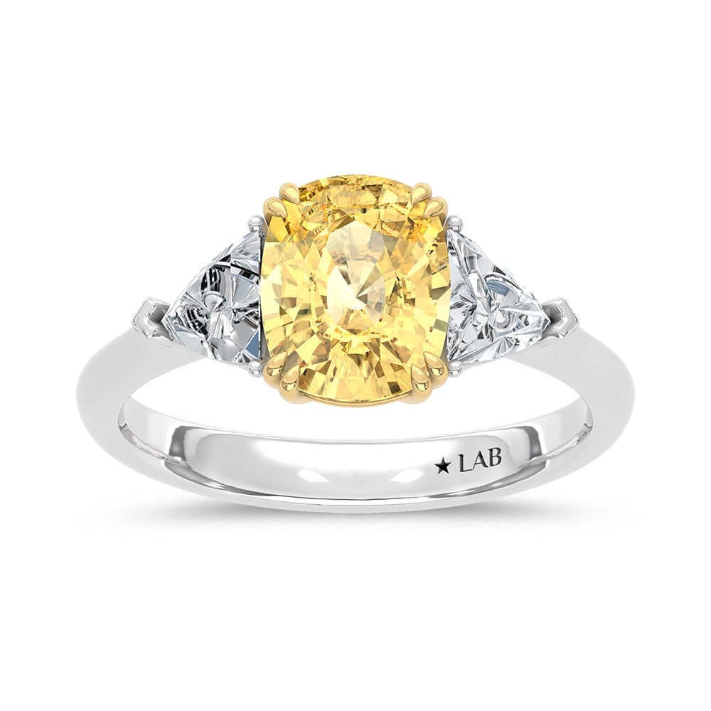 14K Two Tone Gold Lab Grown Diamond 3 7/8 Ct.Tw. Yellow Cushion Engagement Ring (Center 3ct): 14K Two Tone Gold Lab Grown Diamond 3 7/8 Ct.Tw. Yellow Cushion Engagement Ring (Center 3ct) Exude elegance with this 14K Two-Tone Gold Engagement Ring, featuring a brilliant 3-carat lab-grown yellow