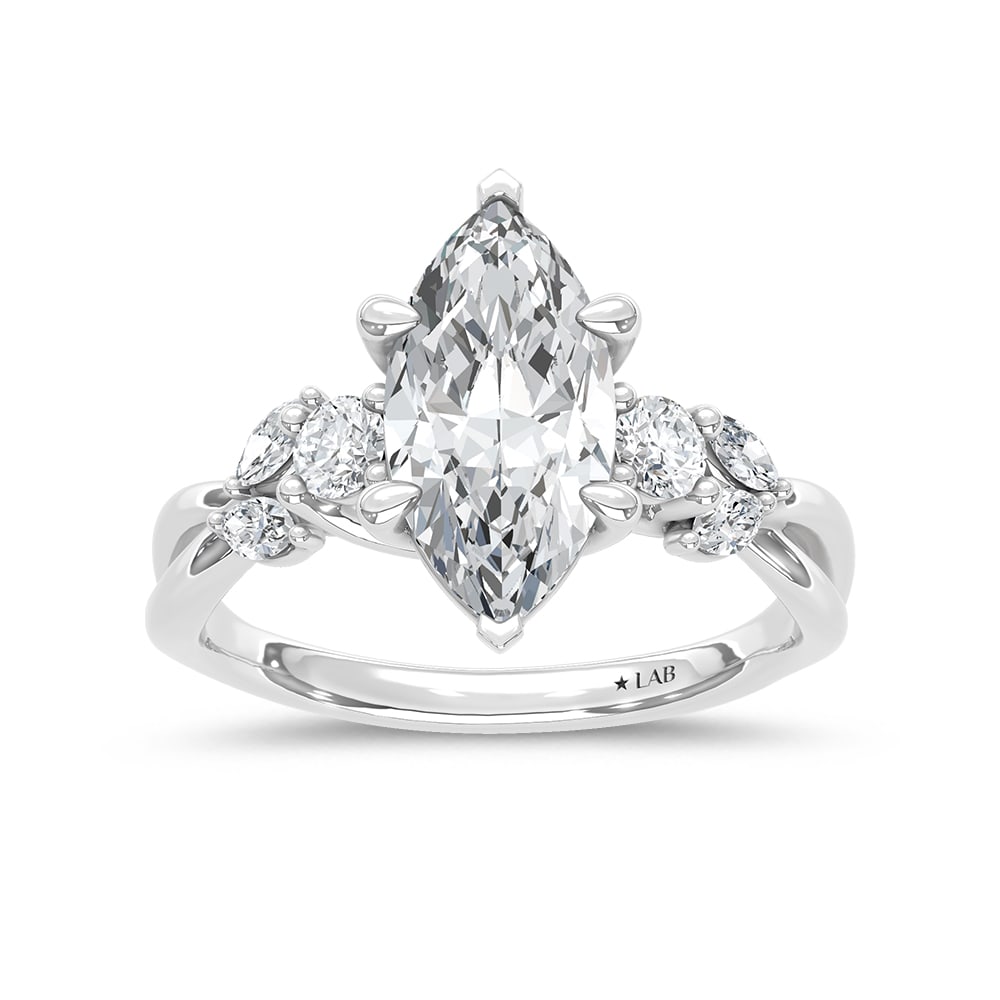 14K White Gold Lab Grown Diamond 2 1/3 Ct.Tw. Maquise Shape Engagement Ring (Center 2 ct): 14K White Gold Lab Grown Diamond 2 1/3 Ct.Tw. Maquise Shape Engagement Ring (Center 2 ct) 14k White Gold Stone Color: D-f Stone Clarity: Vs Each ring is presented in standard size 6.5. Complimentary r