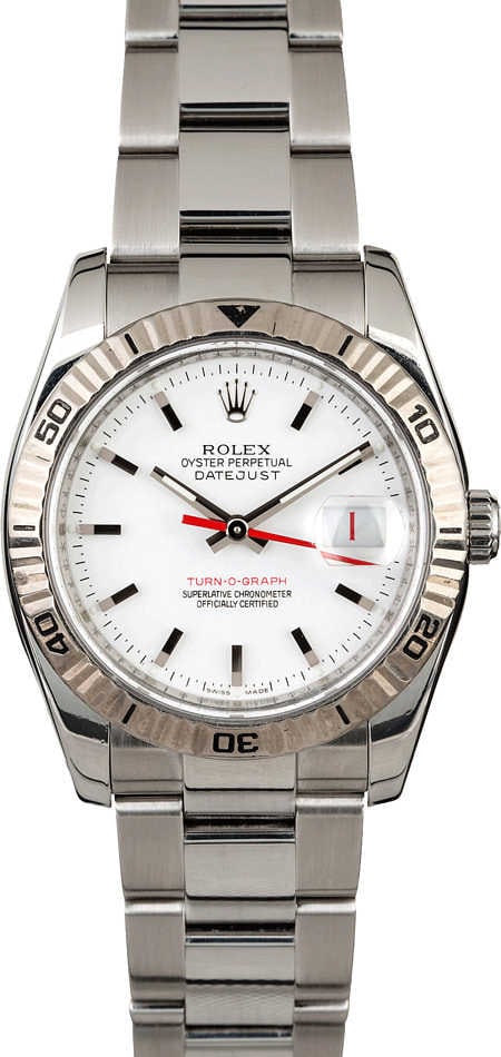 Rolex Datejust 116264 White Dial Oyster Bracelet Watch with Papers 2005: Rolex Datejust 116264 White Dial Oyster Bracelet Watch with Papers 2005 This is a men's Rolex Datejust Turn-O-Graph watch, reference 116264, featuring a white dial and an Oyster bracelet. The watch co