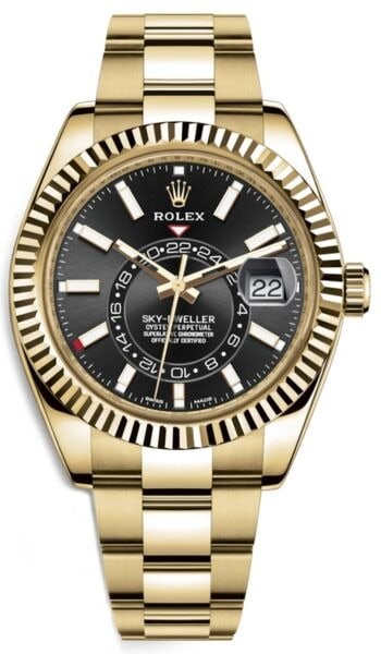 2021 SkyDweller Reference 326938 Black Dial Oyster Bracelet with New Card: 2021 SkyDweller Reference 326938 Black Dial Oyster Bracelet with New Card This Rolex SkyDweller features a black stick dial and a fluted bezel, complemented by an Oyster bracelet. The watch is identif