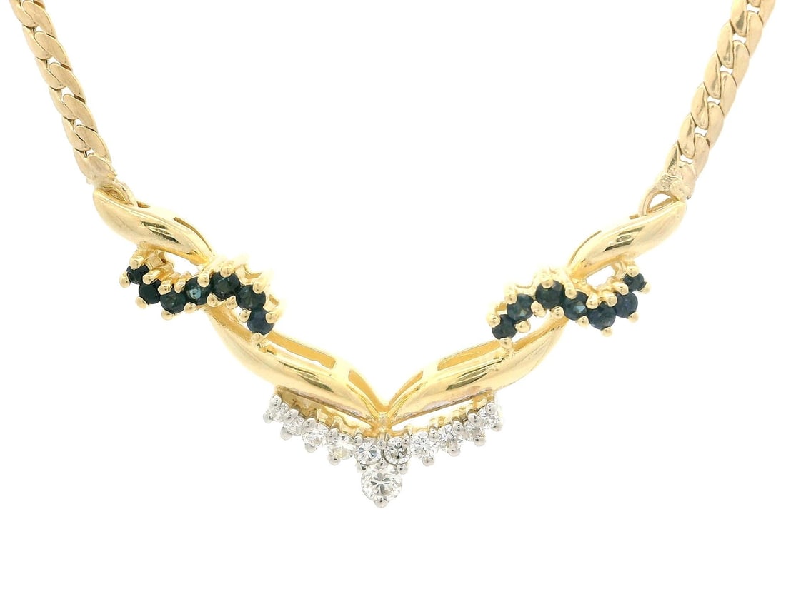 14k Yellow Gold 0.76ctw Sapphire Diamond V Necklace 17 Inch: 14k Yellow Gold 0.76ctw Sapphire Diamond V Necklace 17 Inch This exquisite 14k Yellow Gold necklace features a stunning combination of sapphires and diamonds, showcasing a total carat weight of 0.76ct
